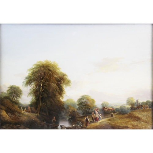 346 - English school,  
Oil on board,  
A rural landscape with family crossing stepping stones,  
Unsigned... 