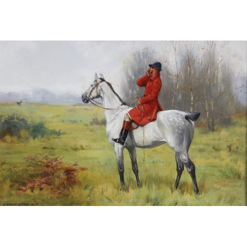 350 - George Goodwin Kilburne (1839-1924),  
Oil on panel,  
A huntsman calling from his horse,  
Signed l... 