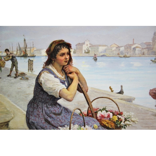 356 - Antonio Ermolao Paoletti (Italian, 1834-1912),  
Oil on panel,  
Venetian scene with flower seller a... 