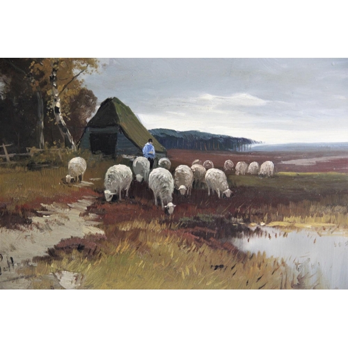 357 - English school (20th century),  
Oil on board,  
A shepherd with sheep and barn,  
Indistinctly sign... 