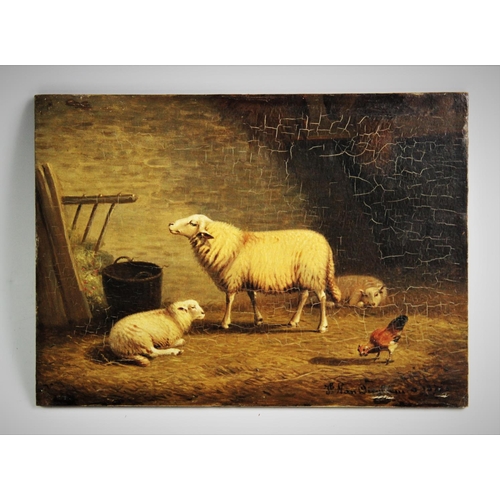 358 - Joseph Van Diegham (Belgian, 1843-1885),  
Oil on panel,  
Sheep and a cockerel,  
Signed lower righ... 