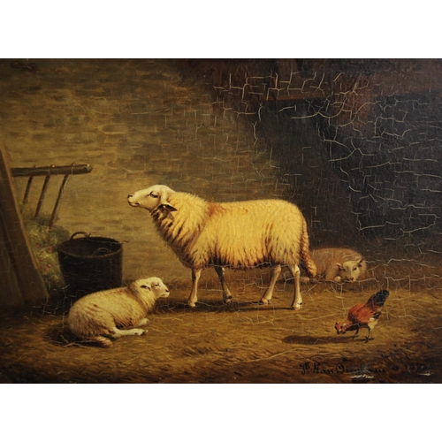 358 - Joseph Van Diegham (Belgian, 1843-1885),  
Oil on panel,  
Sheep and a cockerel,  
Signed lower righ... 