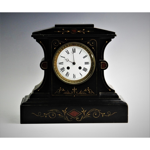 364 - A Victorian slate mantel clock, the architectural case with incised gilt highlights and rouge marble... 