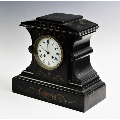 364 - A Victorian slate mantel clock, the architectural case with incised gilt highlights and rouge marble... 