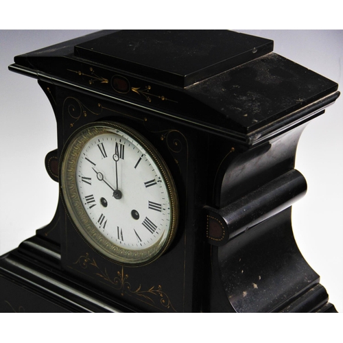 364 - A Victorian slate mantel clock, the architectural case with incised gilt highlights and rouge marble... 