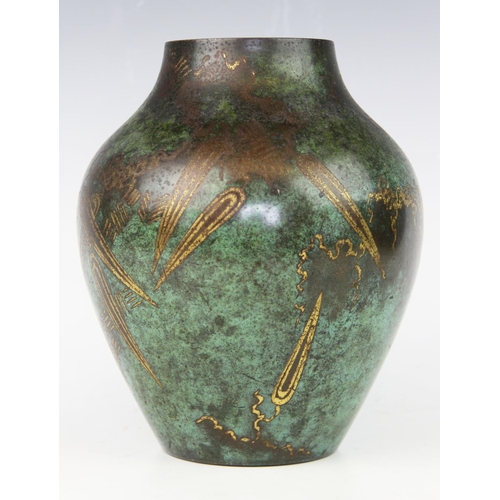 382 - A WMF 'Ikora' patinated bronze inlaid vase, circa 1920/1930, the vase of inverted baluster form with... 