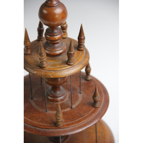 399 - A Victorian treen cotton reel holder, with two graduated tiers, each with six wire holders applied w... 