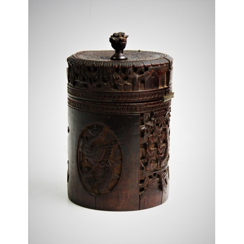 435 - A Chinese carved bamboo tea caddy, Canton, 19th century, of cylindrical form with hinged cover engra... 