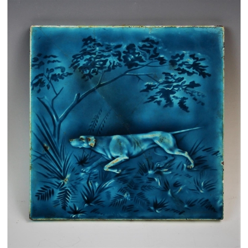 461 - Two Minton Hollins & Co turquoise glazed tiles of hunting interest, one depicting a pointer dog in a... 