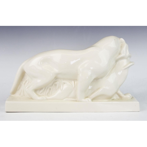 465 - A John Skeaping for Wedgwood Art Deco style animal group, 'The Kill', modelled as a lioness dragging... 