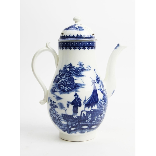 472 - A Caughley porcelain coffee pot and cover, circa. 1775, of typical form, decorated in the 'fisherman... 