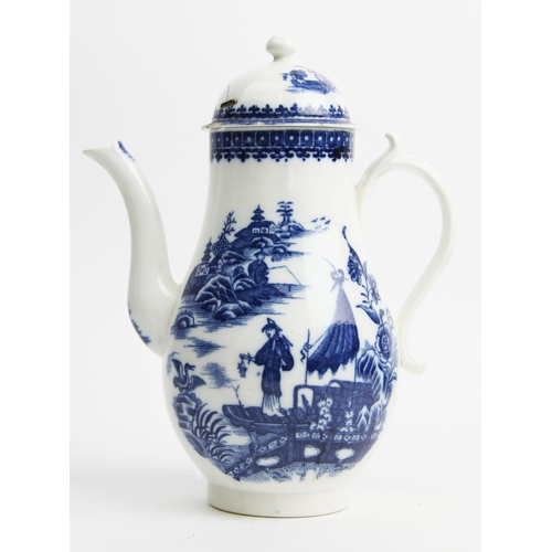 472 - A Caughley porcelain coffee pot and cover, circa. 1775, of typical form, decorated in the 'fisherman... 