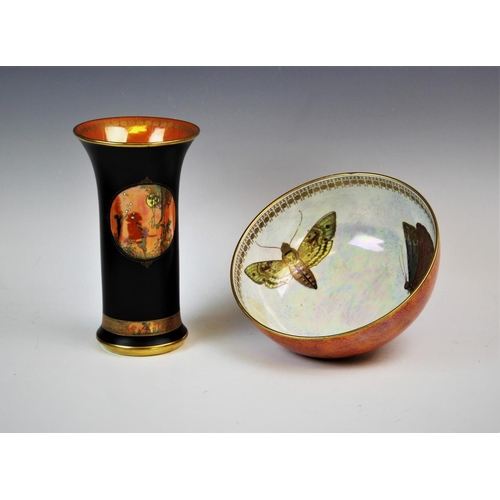 500 - Two Fieldings 'Rural Lusterine' butterfly lustre bowls, the largest 18cm diameter, a Crown Devon ora... 