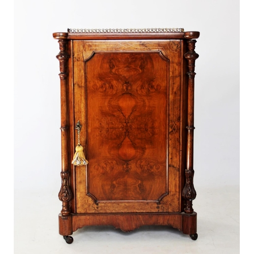 709 - A Victorian burr walnut music cabinet, the quarter veneered top with a gilt metal open work gallery,... 