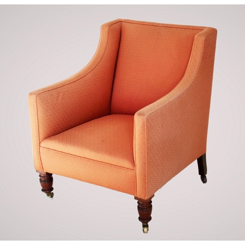 723 - A late 19th century tub chair, with padded down swept arms enclosing a sprung seat, raised upon ring... 