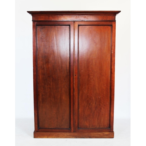 727 - A 19th century mahogany two door wardrobe, with a cavetto cornice above a pair of panelled doors enc... 