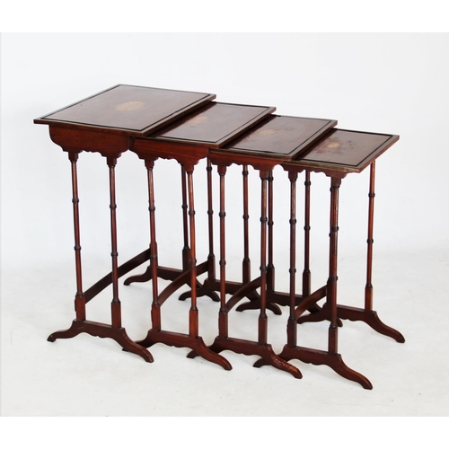 759 - An Edwardian quartetto of mahogany tables, each centred with an oval satinwood fan within a rosewood... 