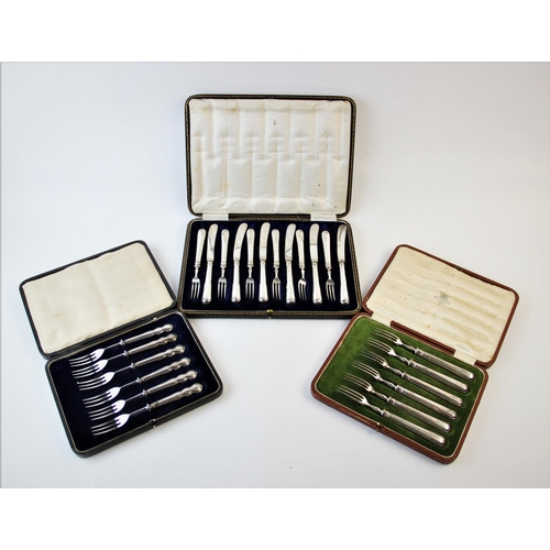 76 - A cased set of six silver handled fruit knives and six forks,  Allen and Darwin circa 1910, along wi... 