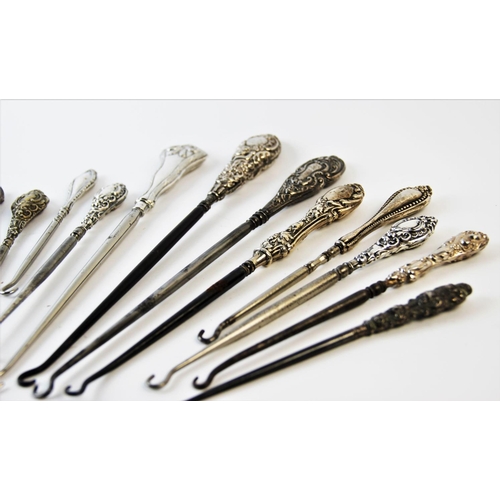 90 - A selection of silver and white metal handled button hooks, Victorian and later (13)