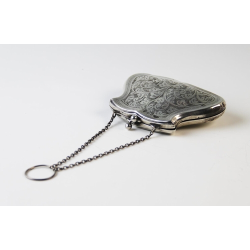 103 - A silver lady's purse, F D Long Birmingham 1916, of shaped form and with chased scrolling foliage, f... 