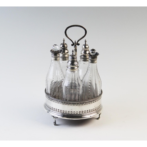 125 - A George III silver cruet, London 1786, the circular stand raised on three ball and claw feet with c... 