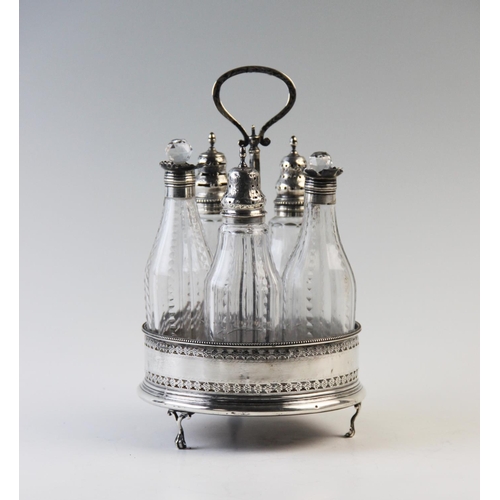 125 - A George III silver cruet, London 1786, the circular stand raised on three ball and claw feet with c... 