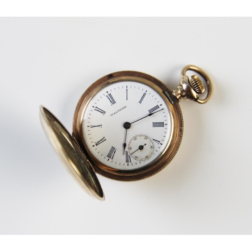 165 - A Waltham gold plated full hunter fob watch, with white enamel dial, black Roman numerals and subsid... 