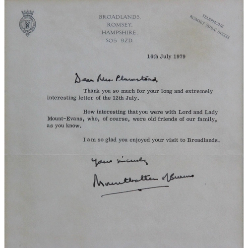 386 - 1st EARL MOUNTBATTEN OF BURMA: A signed letter to Mrs Plumstead acknowledging receipt of corresponde... 