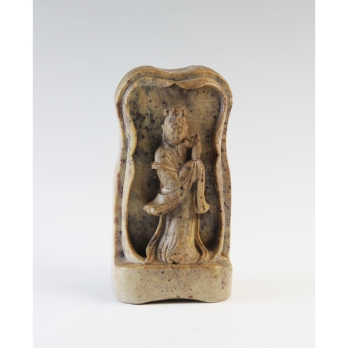 438 - A late 19th century Chinese soapstone carving of Guanyin, 17cm high