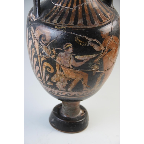 490 - A large Greek Attic ware amphora vase, depicting Grecian figures interspersed with palmette borders,... 