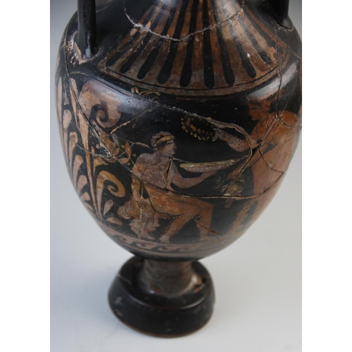 490 - A large Greek Attic ware amphora vase, depicting Grecian figures interspersed with palmette borders,... 