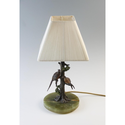 529 - A cold painted bronze pheasant lamp base, early 20th century, the stem modelled as a cock and hen ph... 