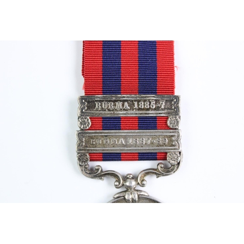 239 - An India General Service Medal, two bars Burma 1885-1887 and 1887-1889 to 971 Lance Corporal F Smith... 