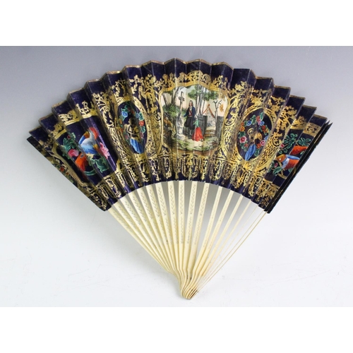 260 - A hand painted fan, 19th century , the leaf with central panel depicting a mourning scene, with furt... 