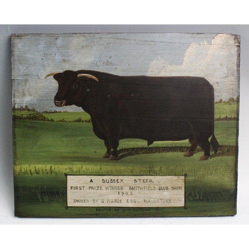 344 - English School (20th century), two oils on board, 'A Sussex Steer, First Prize Winner, Smithfield Cl... 