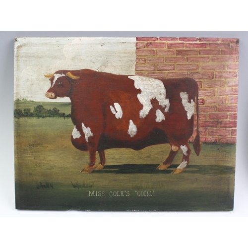 344 - English School (20th century), two oils on board, 'A Sussex Steer, First Prize Winner, Smithfield Cl... 