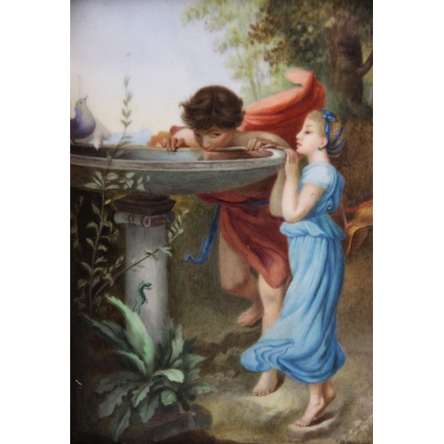 268 - A French enamelled porcelain plaque, after Laure Levy, 'Young Love', indistinctly signed 'M Luce', 2... 