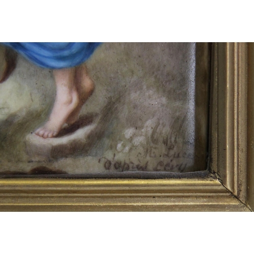 268 - A French enamelled porcelain plaque, after Laure Levy, 'Young Love', indistinctly signed 'M Luce', 2... 