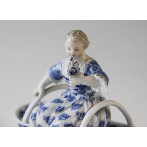 495 - A pair of late 19th century Meissen blue painted double salts depicting a boy and a girl in courtly ... 