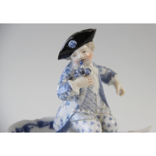 495 - A pair of late 19th century Meissen blue painted double salts depicting a boy and a girl in courtly ... 