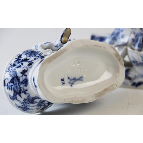 495 - A pair of late 19th century Meissen blue painted double salts depicting a boy and a girl in courtly ... 