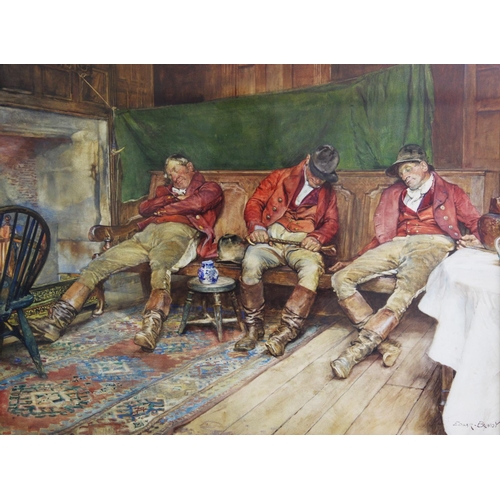 324 - Edgar Bundy (1862-1922),  
Watercolour on board,  
Three huntsmen dozing,  
Signed lower right, gall... 