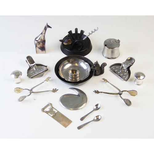 95 - A selection of silver and plated items, to include; a hip flask, assorted condiments, serving implem... 