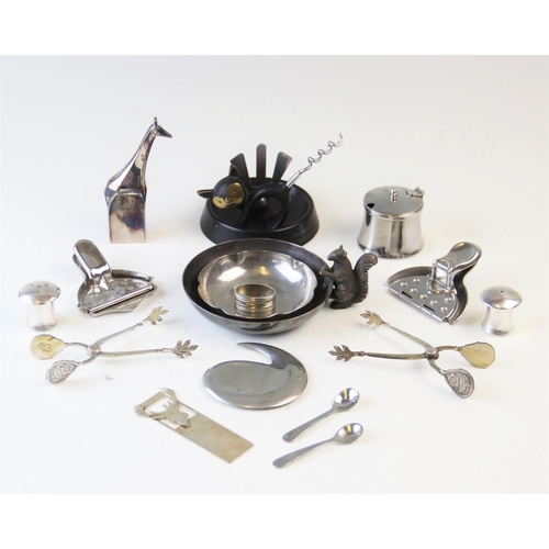 95 - A selection of silver and plated items, to include; a hip flask, assorted condiments, serving implem... 