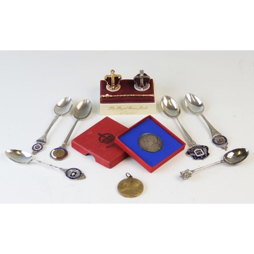 95 - A selection of silver and plated items, to include; a hip flask, assorted condiments, serving implem... 