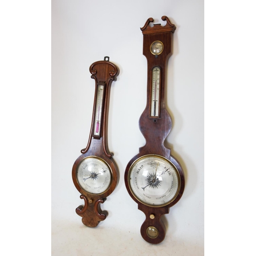 363 - A mid 19th century walnut banjo wall barometer, the onion shaped top with 'C' scroll moulded detail,... 