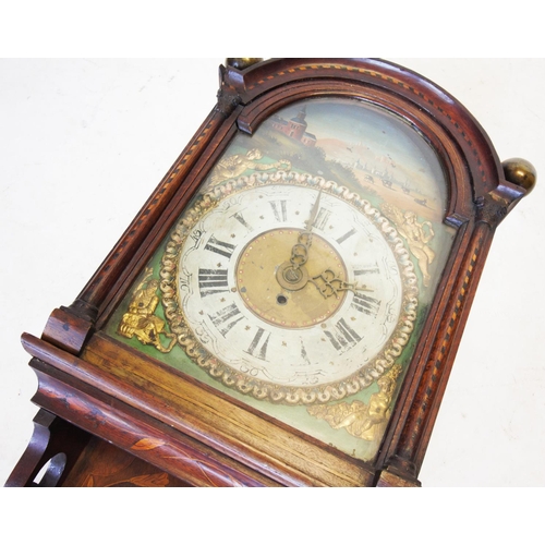 377 - An early 19th century Dutch marquetry walnut staartklock wall clock, the arched hood with inlaid bar... 