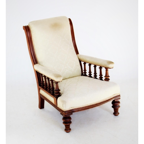 722 - A mid 19th century mahogany and upholstered drawing room chair, the upholstered back above padded ar... 