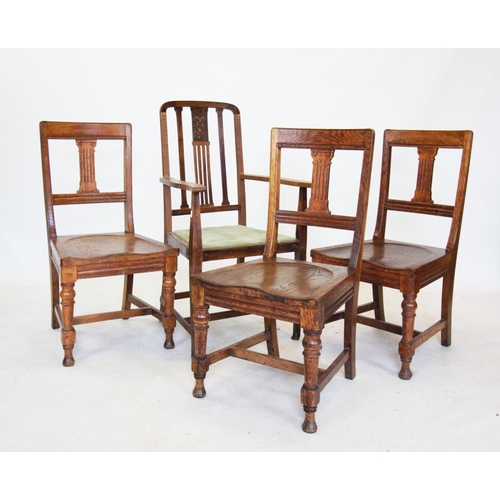 728 - Three late 19th century oak country chairs, each with a plain top rail above an architectural column... 