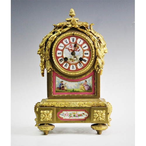 380 - A 19th century French ormolu and pink porcelain inset 8-day mantel clock, movement by Japy Freres, t... 